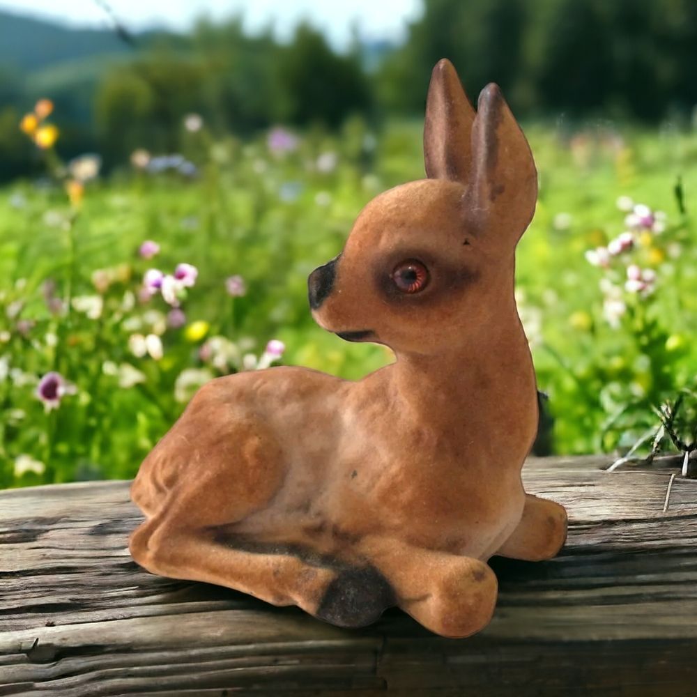 Vintage Flocked Heissner Deer Fawn Reindeer Baby‎ Doe Figure Lying West Germany.